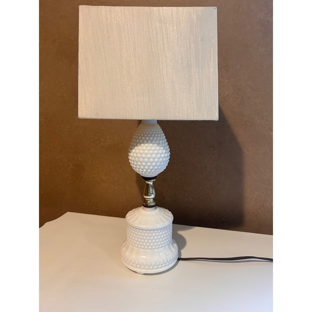 Vintage Hobnail Milk Glass Table Lamp White Mid Century Modern Rectangular Shade
